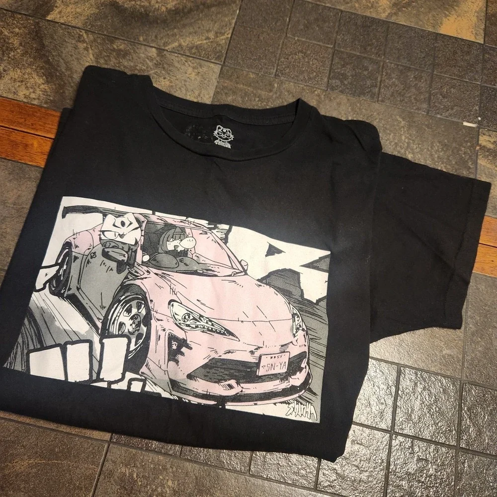 Shinya Burnout Drift Car‎ Anime Graphic T- shirt Black Size L 100% Cotton